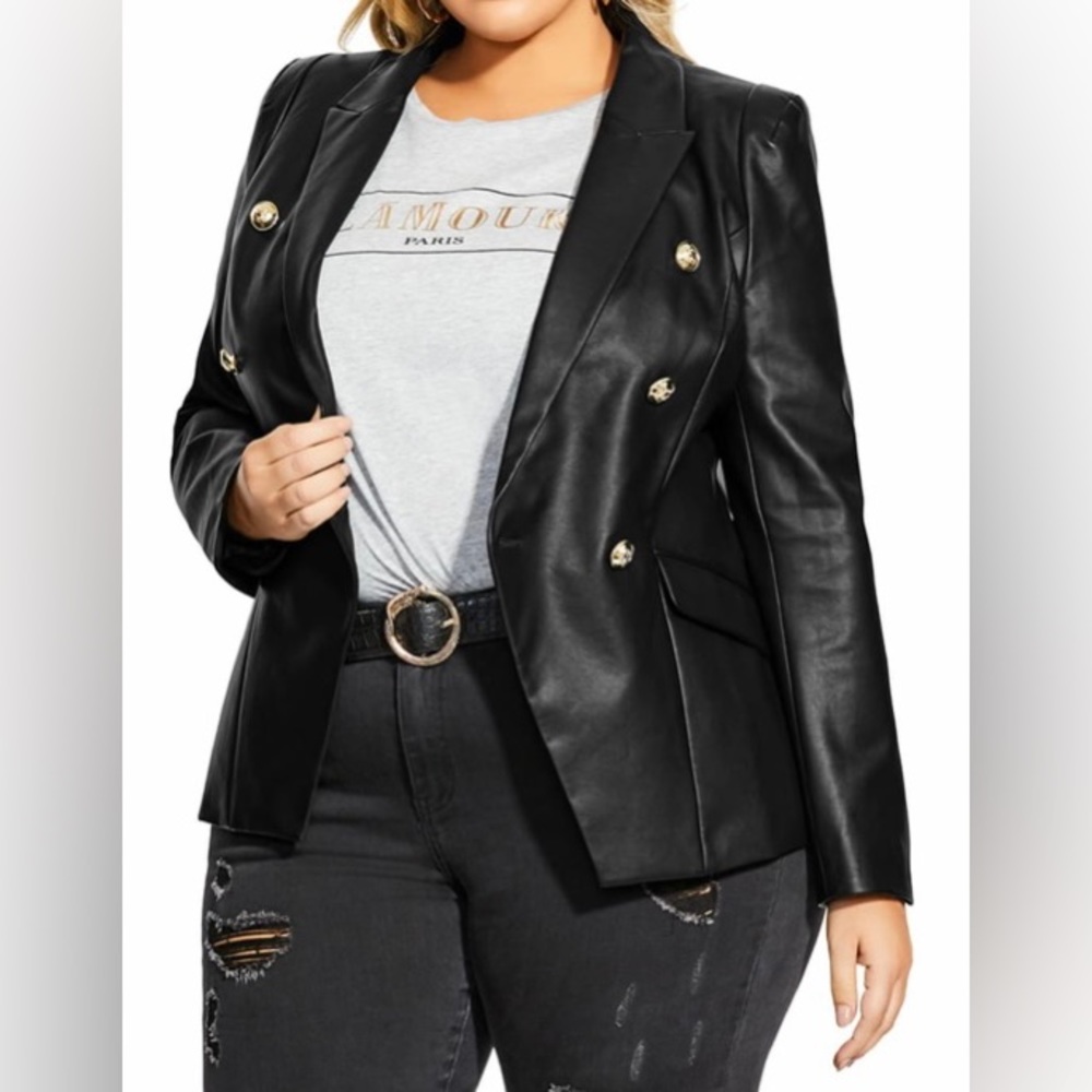 City Chic Royalty Double Breasted Faux Leather Jacket Black Plus Size S 16W NWT